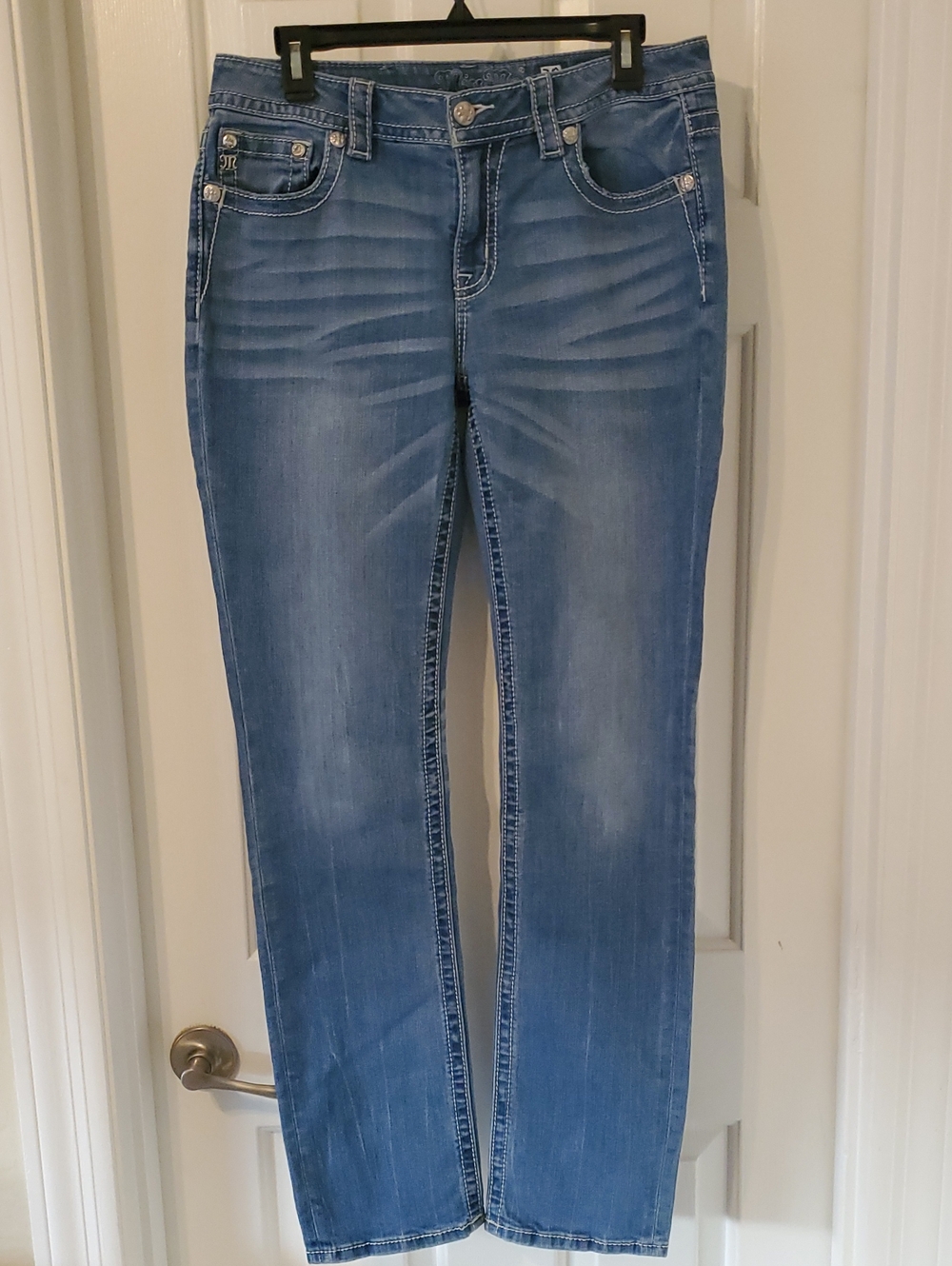 Miss Me Blue Straight Leg Jeans with Embroidered Wing Back Pocket